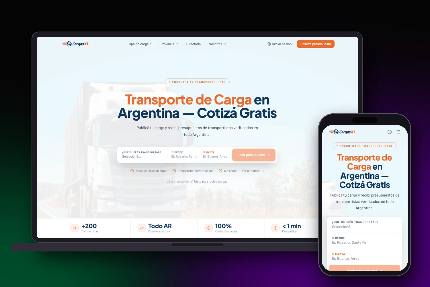 CargasXL: plataforma web en escritorio y celular